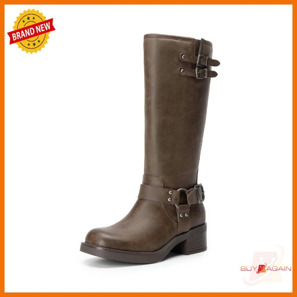 Women's Knee High Combat Boots Chunky Heel Side Zipper Buckles